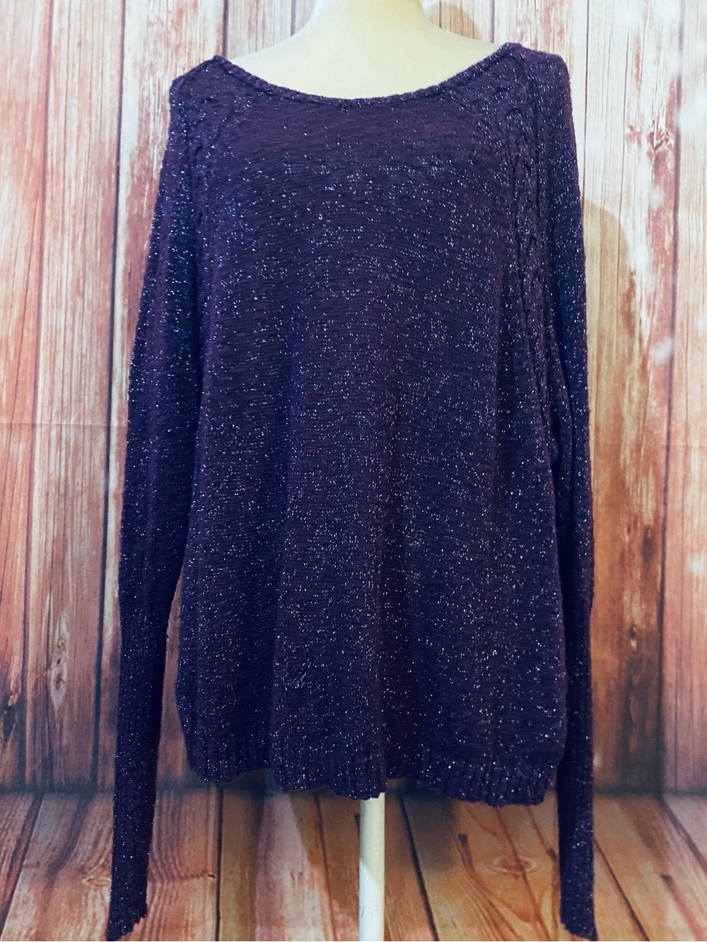 Women’s XL Sweater Maurices Open Knit Lightweight Dark Fuchsia Silver Threading
